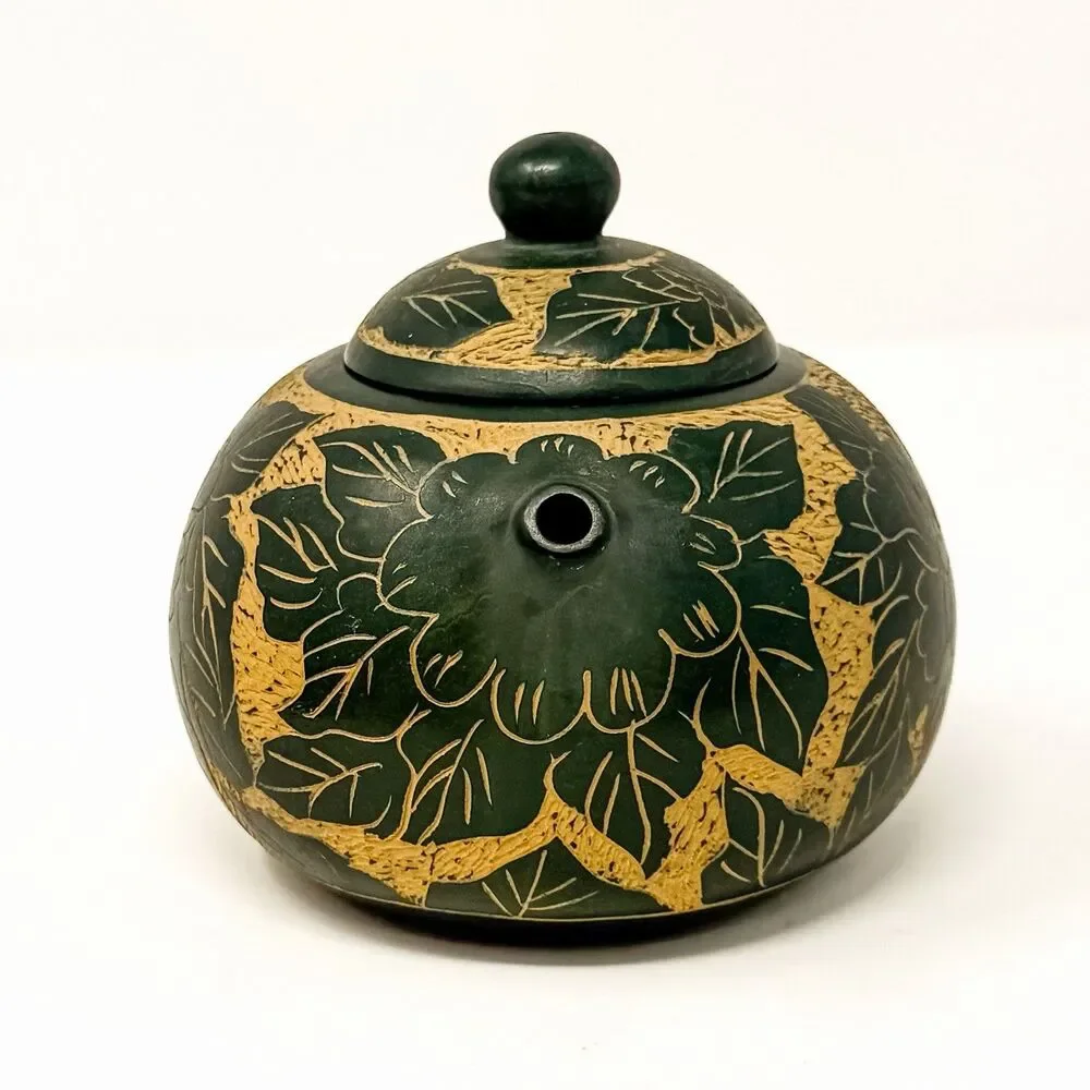 Vintage Yixing Zisha Teapot Chinese Carved Floral Green Clay Pottery Signed